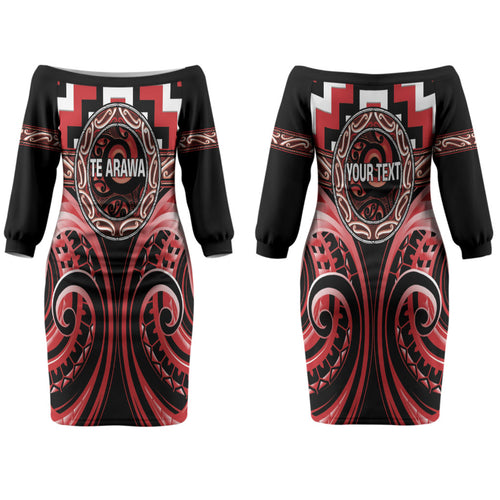 Aotearoa Te Arawa Personalised Couples Matching Off The Shoulder Long Sleeve Dress and Hawaiian Shirt Maori Iwi Poutama Puhoro Tattoo