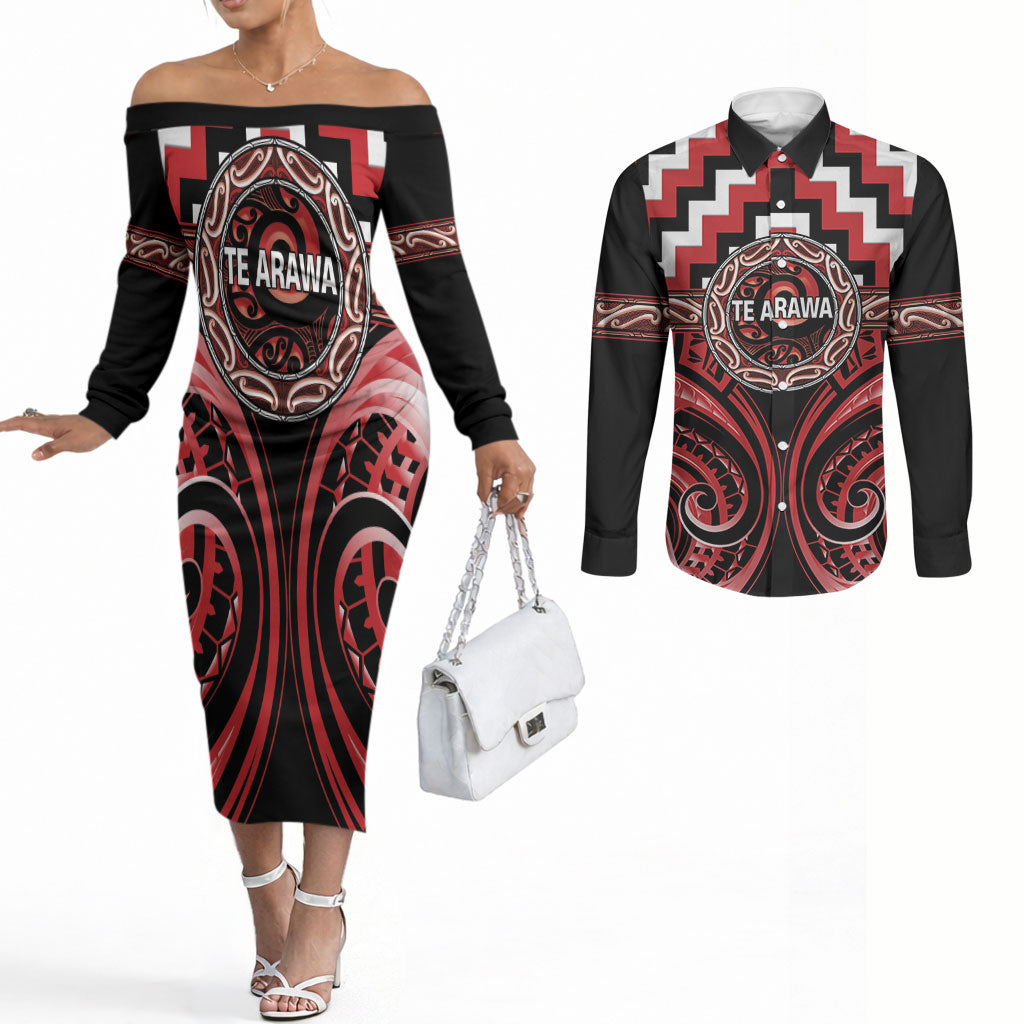 Aotearoa Te Arawa Personalised Couples Matching Off The Shoulder Long Sleeve Dress and Long Sleeve Button Shirt Maori Iwi Poutama Puhoro Tattoo