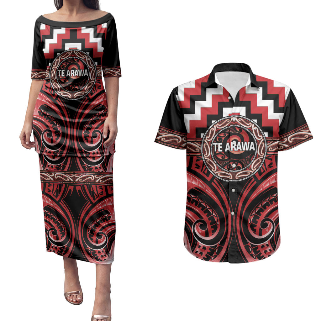 Aotearoa Te Arawa Personalised Couples Matching Puletasi and Hawaiian Shirt Maori Iwi Poutama Puhoro Tattoo