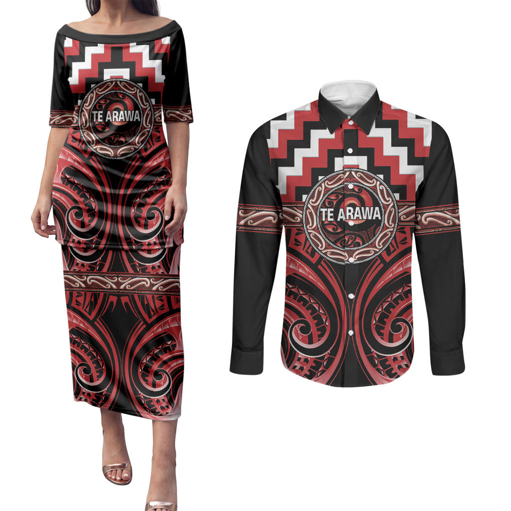 Aotearoa Te Arawa Personalised Couples Matching Puletasi and Long Sleeve Button Shirt Maori Iwi Poutama Puhoro Tattoo