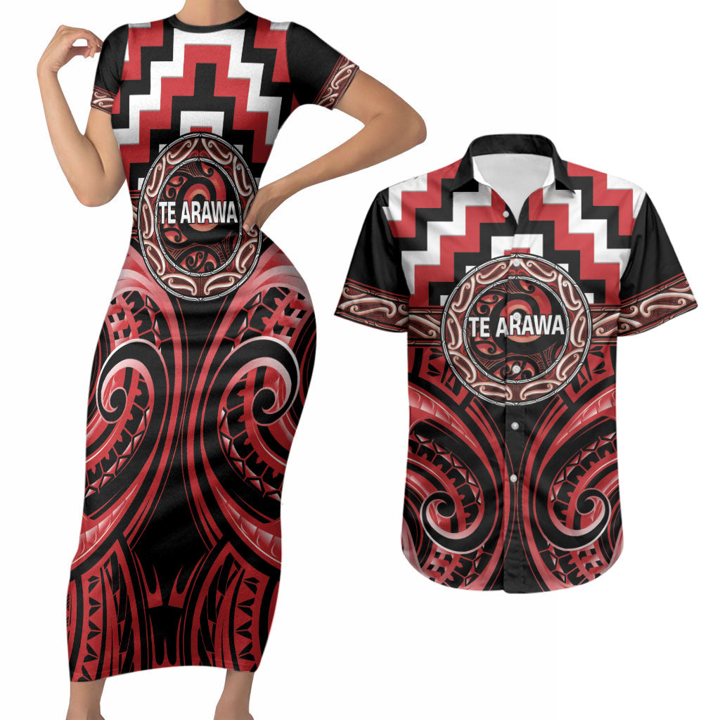 Aotearoa Te Arawa Personalised Couples Matching Short Sleeve Bodycon Dress and Hawaiian Shirt Maori Iwi Poutama Puhoro Tattoo