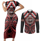 Aotearoa Te Arawa Personalised Couples Matching Short Sleeve Bodycon Dress and Long Sleeve Button Shirt Maori Iwi Poutama Puhoro Tattoo