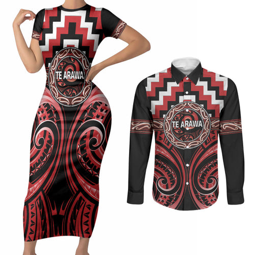Aotearoa Te Arawa Personalised Couples Matching Short Sleeve Bodycon Dress and Long Sleeve Button Shirt Maori Iwi Poutama Puhoro Tattoo