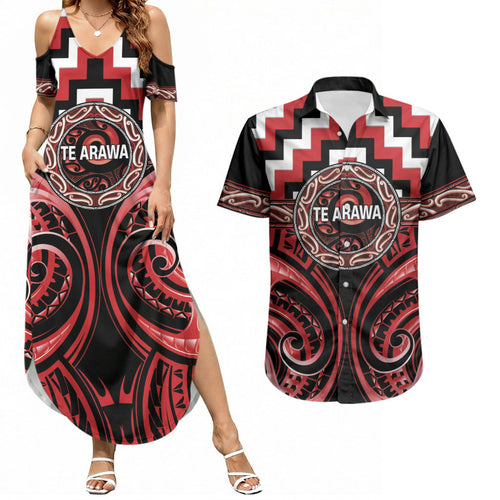 Aotearoa Te Arawa Personalised Couples Matching Summer Maxi Dress and Hawaiian Shirt Maori Iwi Poutama Puhoro Tattoo