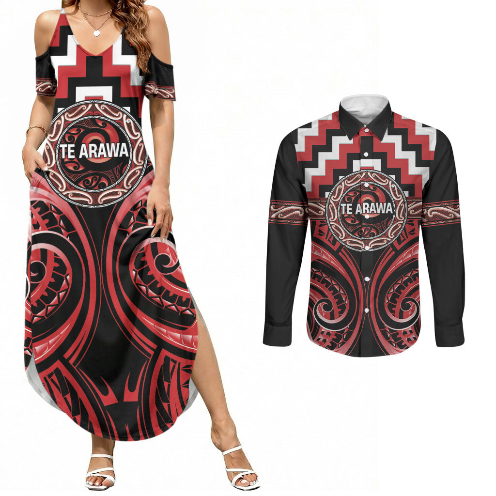 Aotearoa Te Arawa Personalised Couples Matching Summer Maxi Dress and Long Sleeve Button Shirt Maori Iwi Poutama Puhoro Tattoo