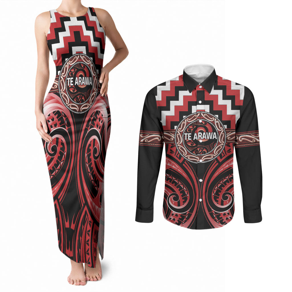Aotearoa Te Arawa Personalised Couples Matching Tank Maxi Dress and Long Sleeve Button Shirt Maori Iwi Poutama Puhoro Tattoo