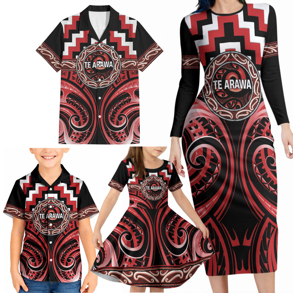 Aotearoa Te Arawa Personalised Family Matching Long Sleeve Bodycon Dress and Hawaiian Shirt Maori Iwi Poutama Puhoro Tattoo