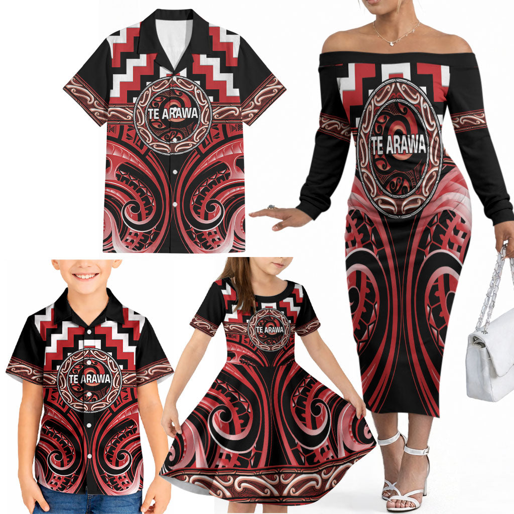 Aotearoa Te Arawa Personalised Family Matching Off The Shoulder Long Sleeve Dress and Hawaiian Shirt Maori Iwi Poutama Puhoro Tattoo