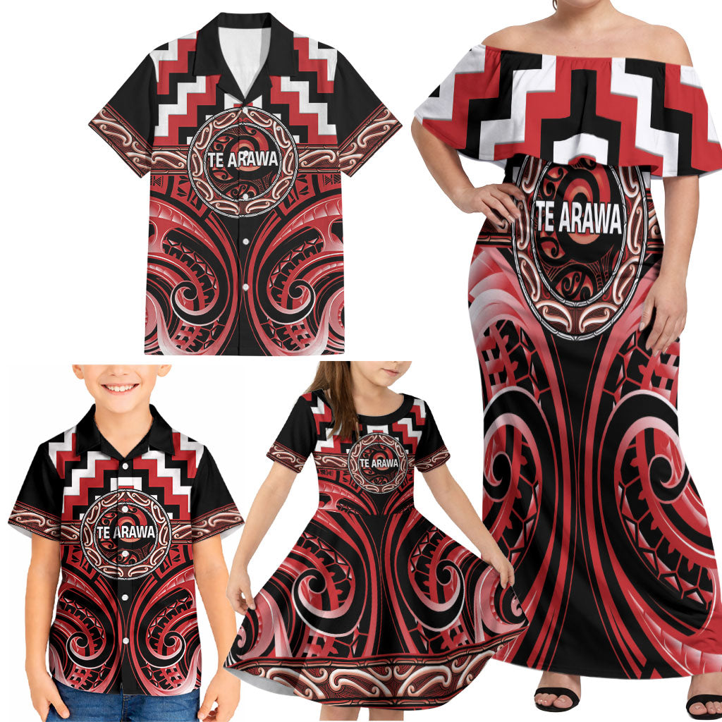 Aotearoa Te Arawa Personalised Family Matching Off Shoulder Maxi Dress and Hawaiian Shirt Maori Iwi Poutama Puhoro Tattoo