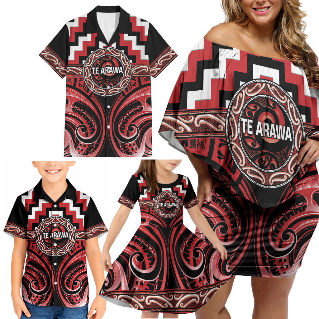 Aotearoa Te Arawa Personalised Family Matching Off Shoulder Short Dress and Hawaiian Shirt Maori Iwi Poutama Puhoro Tattoo