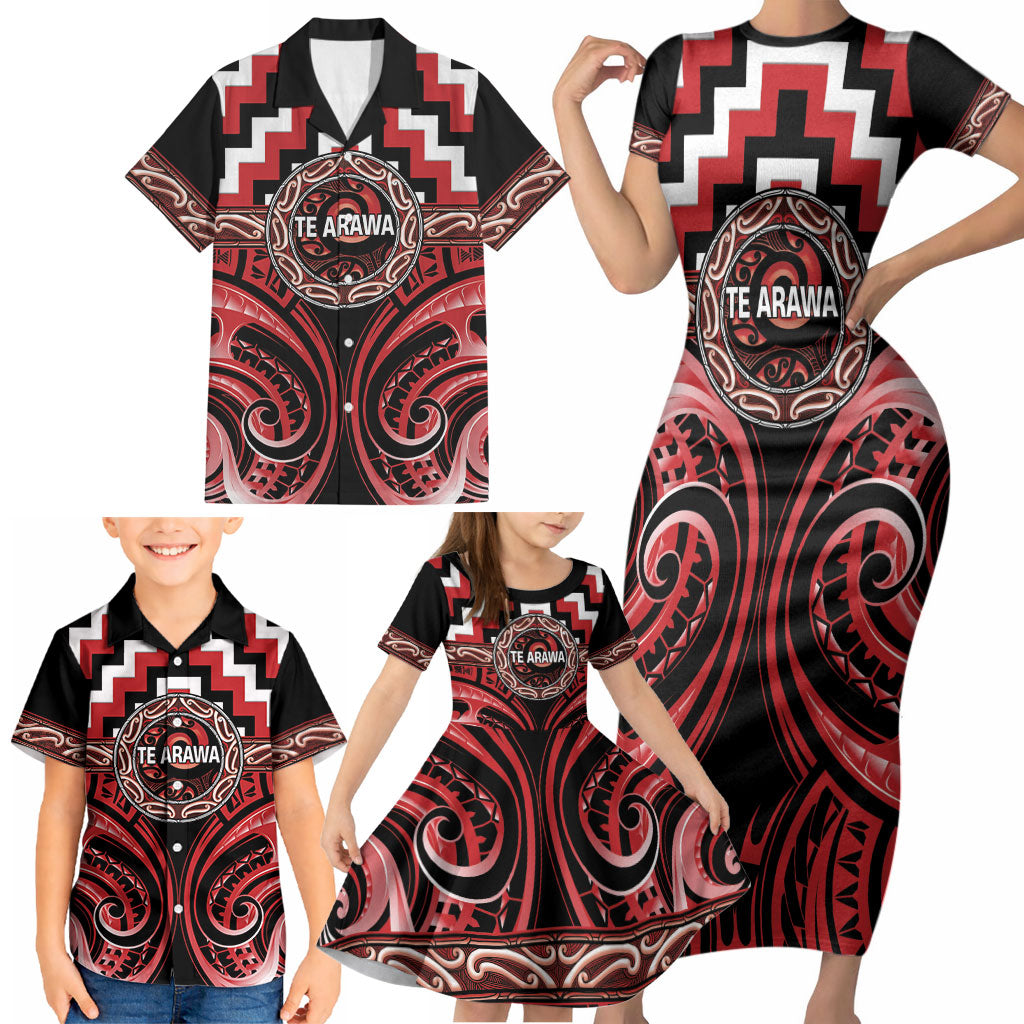 Aotearoa Te Arawa Personalised Family Matching Short Sleeve Bodycon Dress and Hawaiian Shirt Maori Iwi Poutama Puhoro Tattoo