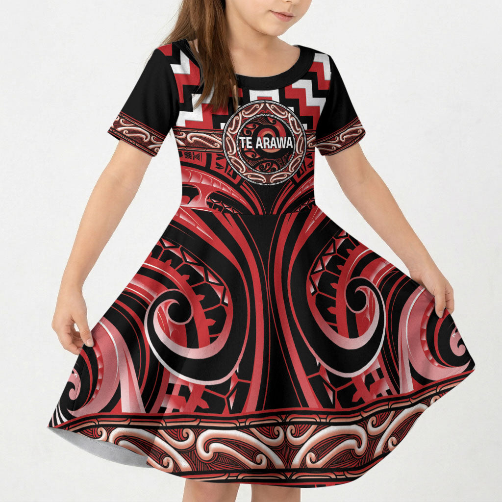 Aotearoa Te Arawa Personalised Kid Short Sleeve Dress Maori Iwi Poutama Puhoro Tattoo