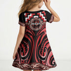 Aotearoa Te Arawa Personalised Kid Short Sleeve Dress Maori Iwi Poutama Puhoro Tattoo