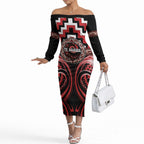 Aotearoa Te Arawa Personalised Off The Shoulder Long Sleeve Dress Maori Iwi Poutama Puhoro Tattoo