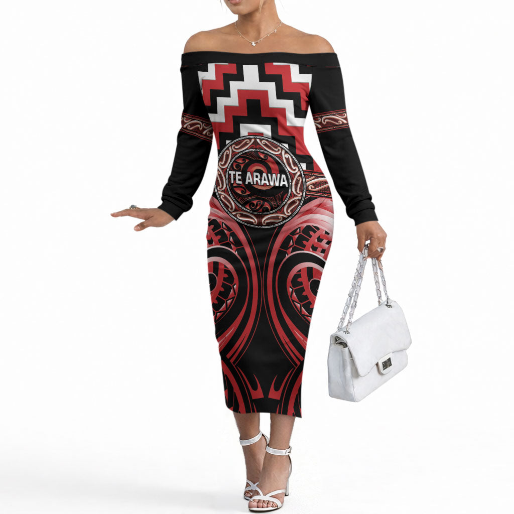 Aotearoa Te Arawa Personalised Off The Shoulder Long Sleeve Dress Maori Iwi Poutama Puhoro Tattoo