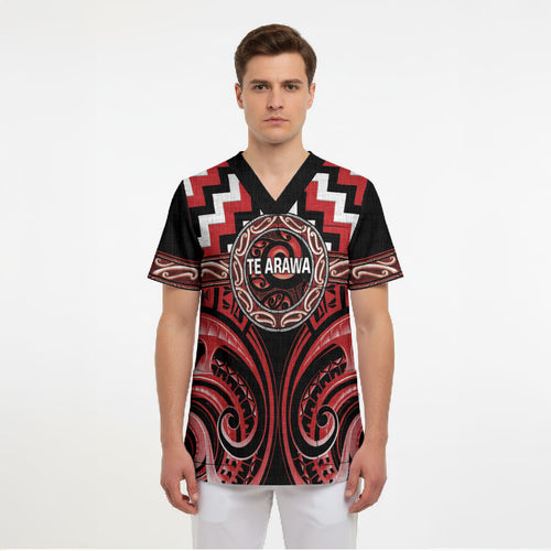 Aotearoa Te Arawa Personalised Scrub Top Maori Iwi Poutama Puhoro Tattoo