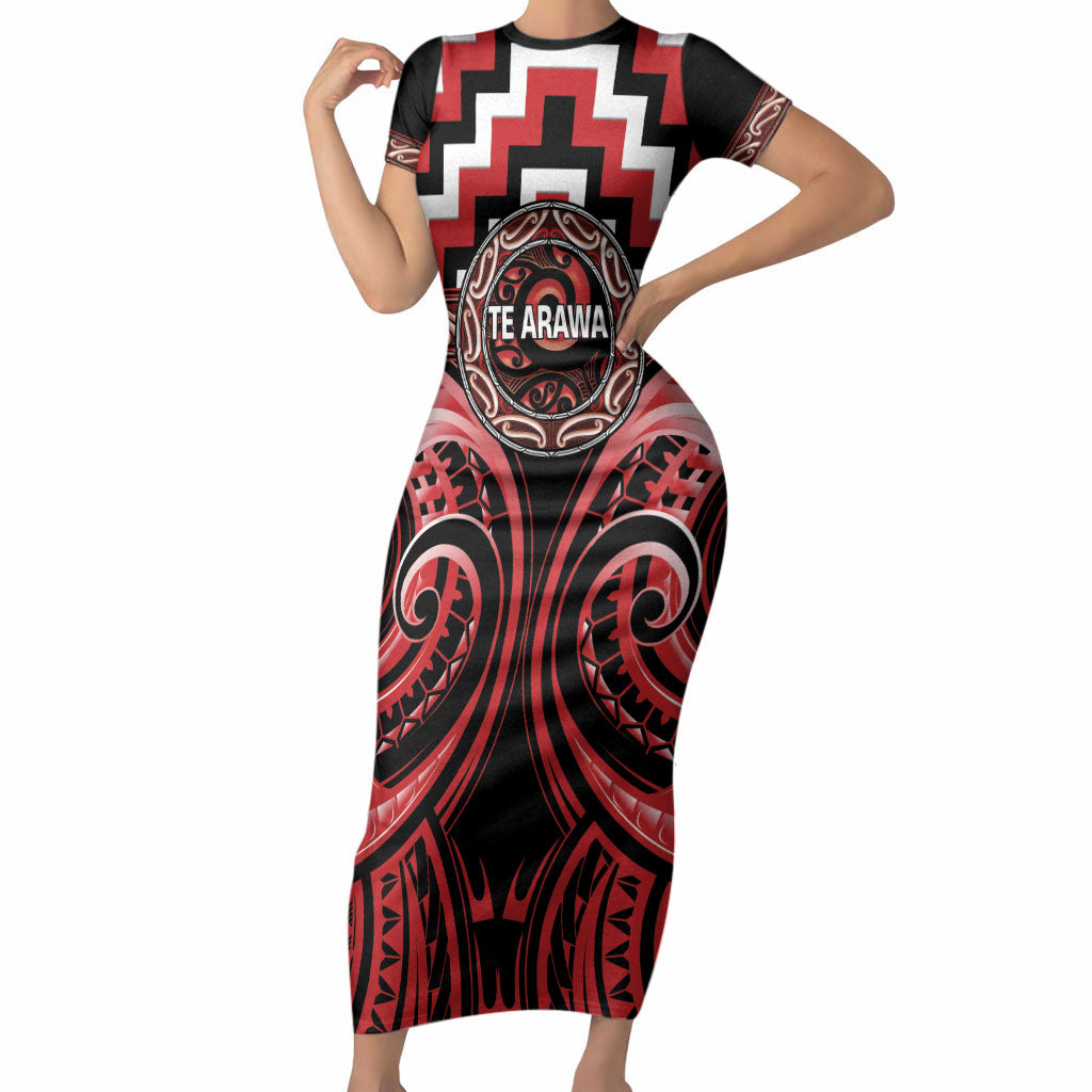 Aotearoa Te Arawa Personalised Short Sleeve Bodycon Dress Maori Iwi Poutama Puhoro Tattoo
