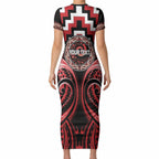 Aotearoa Te Arawa Personalised Short Sleeve Bodycon Dress Maori Iwi Poutama Puhoro Tattoo