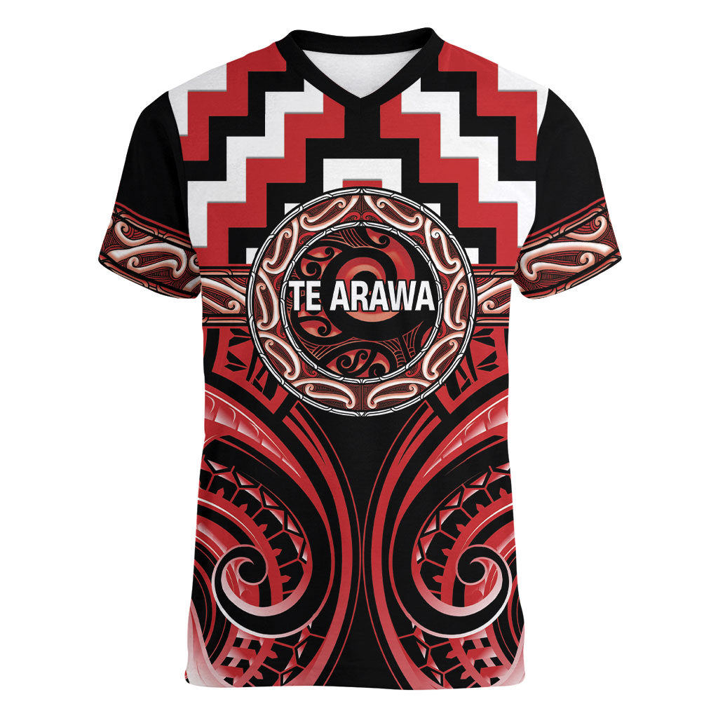 Aotearoa Te Arawa Personalised Women V-Neck T-Shirt Maori Iwi Poutama Puhoro Tattoo