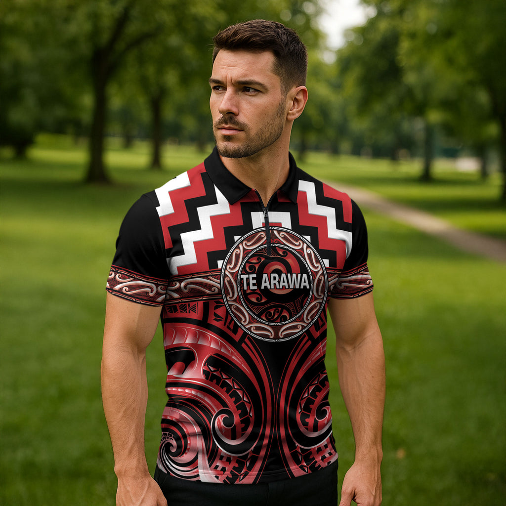 Aotearoa Te Arawa Personalised Zipper Polo Shirt Maori Iwi Poutama Puhoro Tattoo