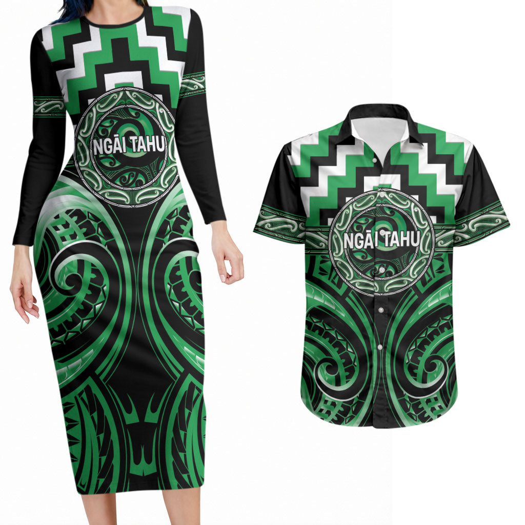 Aotearoa Ngai Tahu Personalised Couples Matching Long Sleeve Bodycon Dress and Hawaiian Shirt Maori Iwi Poutama Puhoro Tattoo