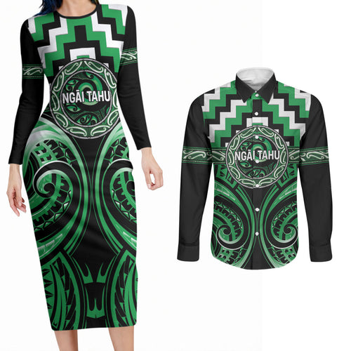 Aotearoa Ngai Tahu Personalised Couples Matching Long Sleeve Bodycon Dress and Long Sleeve Button Shirt Maori Iwi Poutama Puhoro Tattoo
