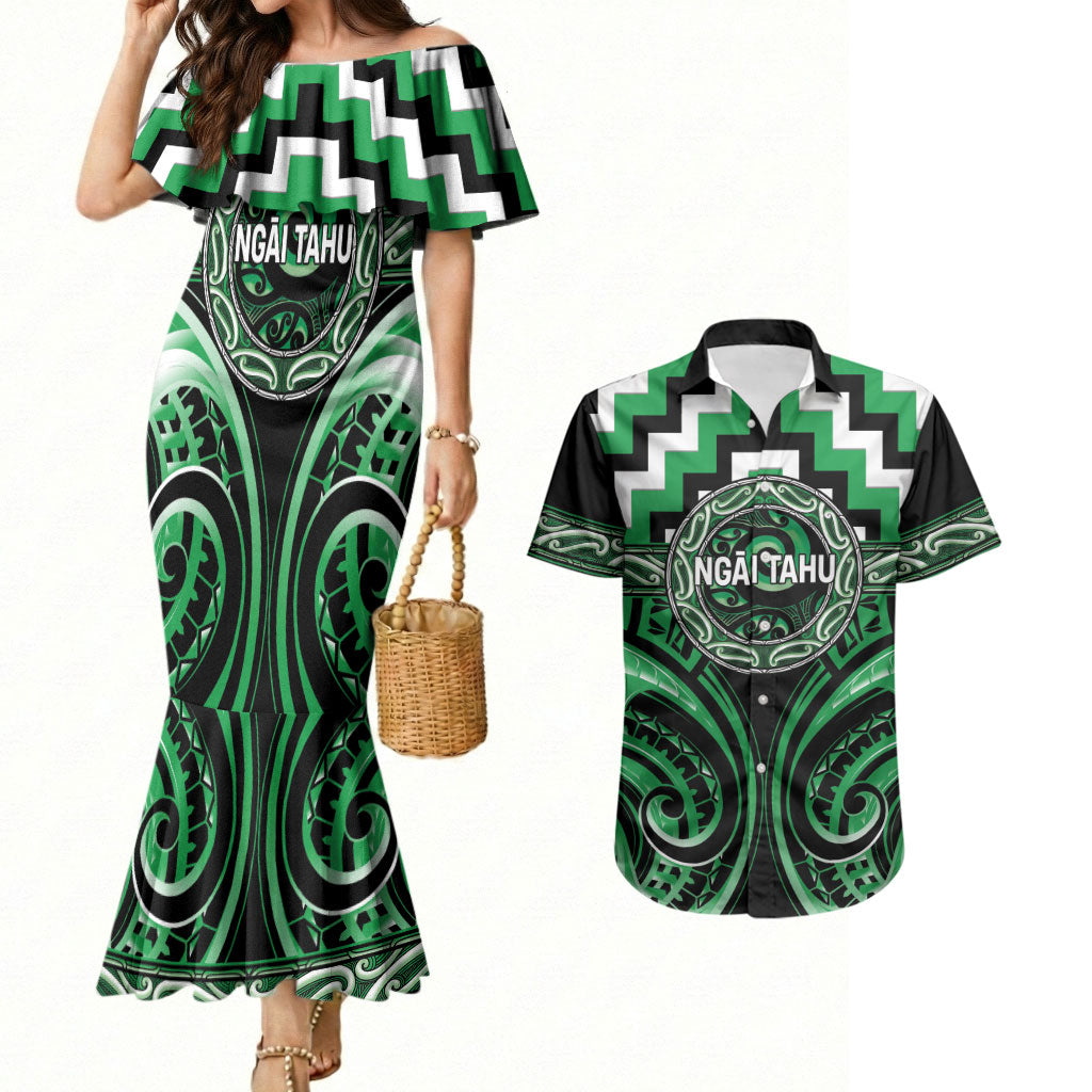 Aotearoa Ngai Tahu Personalised Couples Matching Mermaid Dress and Hawaiian Shirt Maori Iwi Poutama Puhoro Tattoo