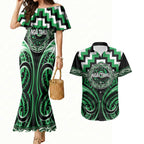 Aotearoa Ngai Tahu Personalised Couples Matching Mermaid Dress and Hawaiian Shirt Maori Iwi Poutama Puhoro Tattoo