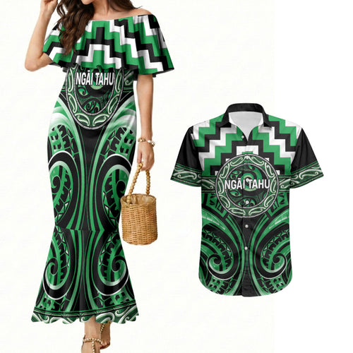 Aotearoa Ngai Tahu Personalised Couples Matching Mermaid Dress and Hawaiian Shirt Maori Iwi Poutama Puhoro Tattoo