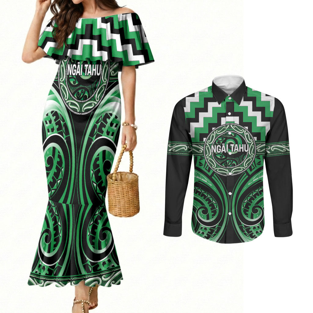 Aotearoa Ngai Tahu Personalised Couples Matching Mermaid Dress and Long Sleeve Button Shirt Maori Iwi Poutama Puhoro Tattoo