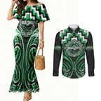 Aotearoa Ngai Tahu Personalised Couples Matching Mermaid Dress and Long Sleeve Button Shirt Maori Iwi Poutama Puhoro Tattoo