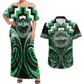 Aotearoa Ngai Tahu Personalised Couples Matching Off Shoulder Maxi Dress and Hawaiian Shirt Maori Iwi Poutama Puhoro Tattoo