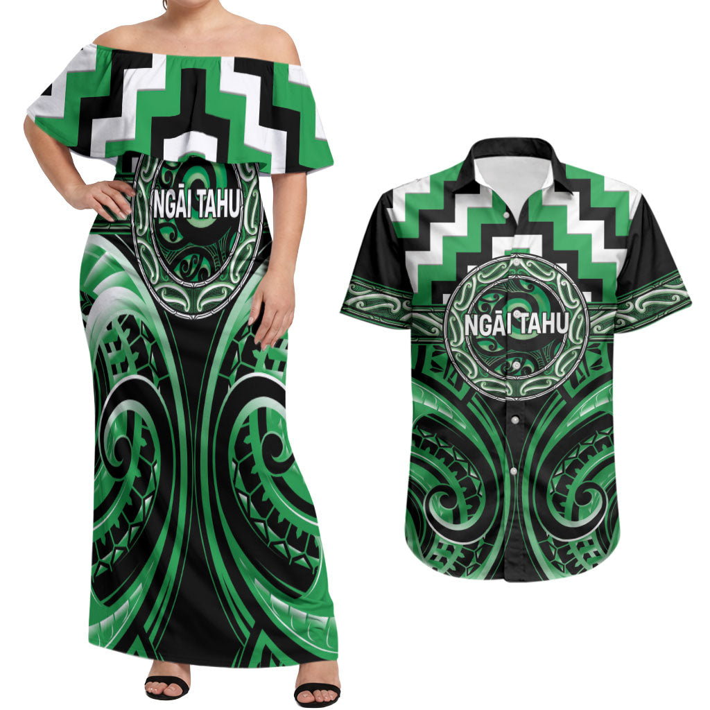 Aotearoa Ngai Tahu Personalised Couples Matching Off Shoulder Maxi Dress and Hawaiian Shirt Maori Iwi Poutama Puhoro Tattoo