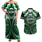 Aotearoa Ngai Tahu Personalised Couples Matching Off Shoulder Maxi Dress and Hawaiian Shirt Maori Iwi Poutama Puhoro Tattoo