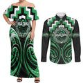 Aotearoa Ngai Tahu Personalised Couples Matching Off Shoulder Maxi Dress and Long Sleeve Button Shirt Maori Iwi Poutama Puhoro Tattoo