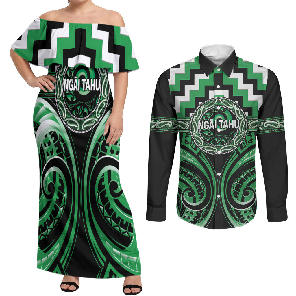 Aotearoa Ngai Tahu Personalised Couples Matching Off Shoulder Maxi Dress and Long Sleeve Button Shirt Maori Iwi Poutama Puhoro Tattoo