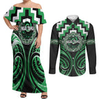 Aotearoa Ngai Tahu Personalised Couples Matching Off Shoulder Maxi Dress and Long Sleeve Button Shirt Maori Iwi Poutama Puhoro Tattoo
