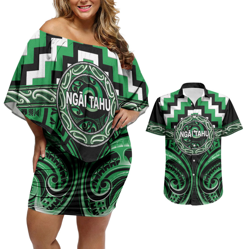 Aotearoa Ngai Tahu Personalised Couples Matching Off Shoulder Short Dress and Hawaiian Shirt Maori Iwi Poutama Puhoro Tattoo