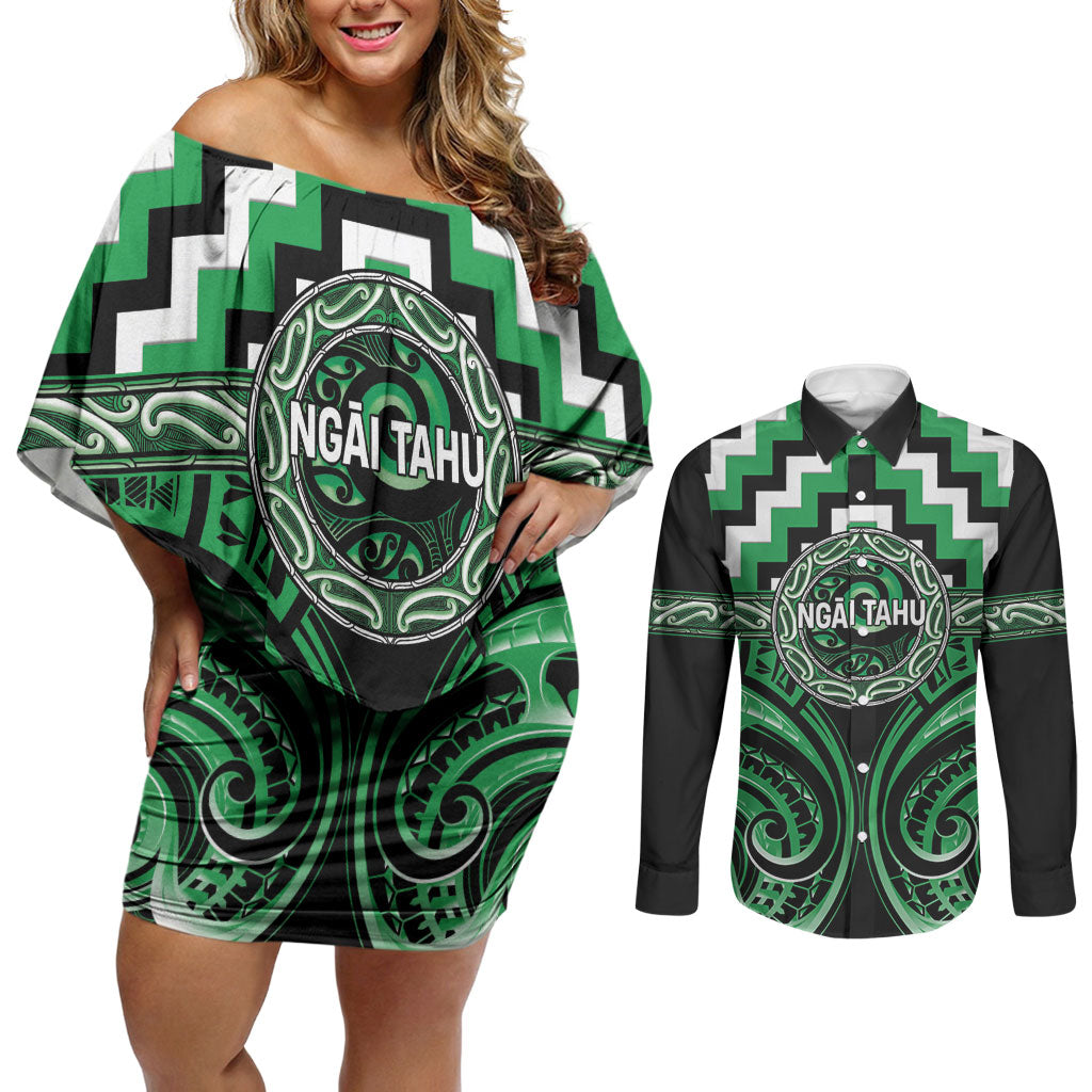 Aotearoa Ngai Tahu Personalised Couples Matching Off Shoulder Short Dress and Long Sleeve Button Shirt Maori Iwi Poutama Puhoro Tattoo