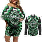 Aotearoa Ngai Tahu Personalised Couples Matching Off Shoulder Short Dress and Long Sleeve Button Shirt Maori Iwi Poutama Puhoro Tattoo