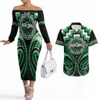 Aotearoa Ngai Tahu Personalised Couples Matching Off The Shoulder Long Sleeve Dress and Hawaiian Shirt Maori Iwi Poutama Puhoro Tattoo