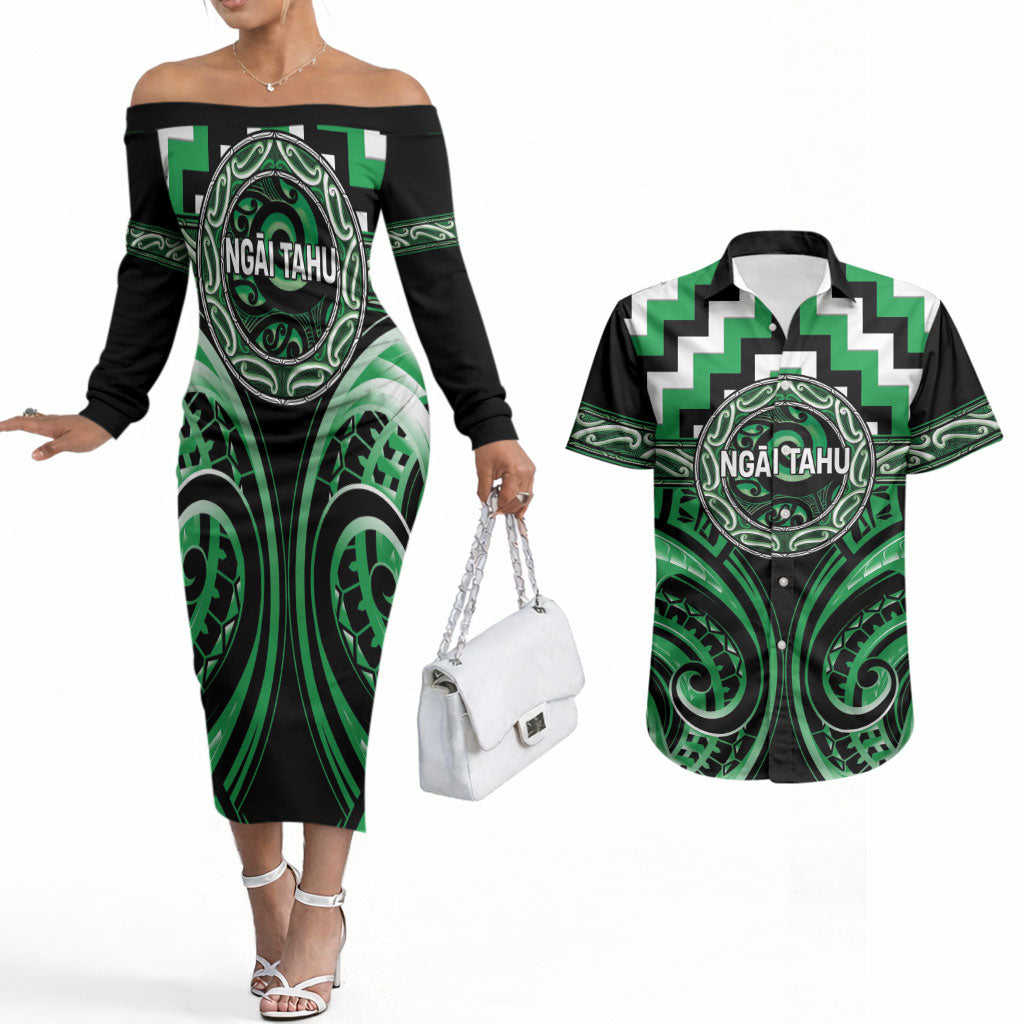 Aotearoa Ngai Tahu Personalised Couples Matching Off The Shoulder Long Sleeve Dress and Hawaiian Shirt Maori Iwi Poutama Puhoro Tattoo
