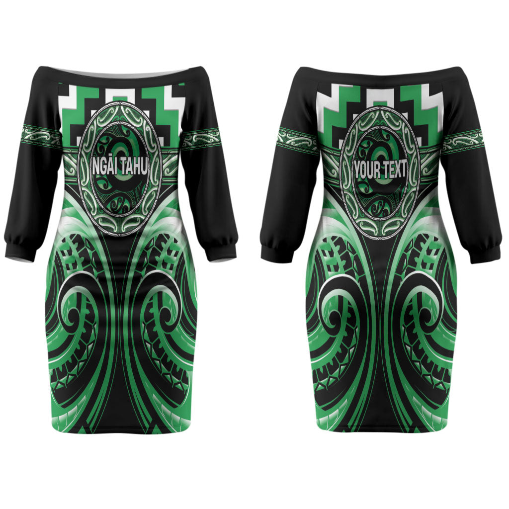 Aotearoa Ngai Tahu Personalised Couples Matching Off The Shoulder Long Sleeve Dress and Hawaiian Shirt Maori Iwi Poutama Puhoro Tattoo