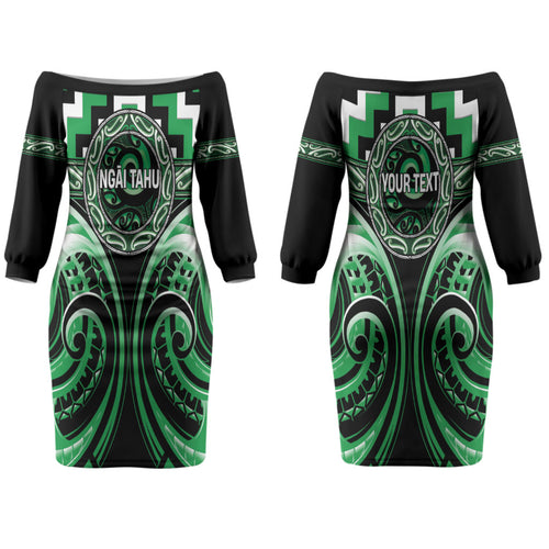 Aotearoa Ngai Tahu Personalised Couples Matching Off The Shoulder Long Sleeve Dress and Hawaiian Shirt Maori Iwi Poutama Puhoro Tattoo