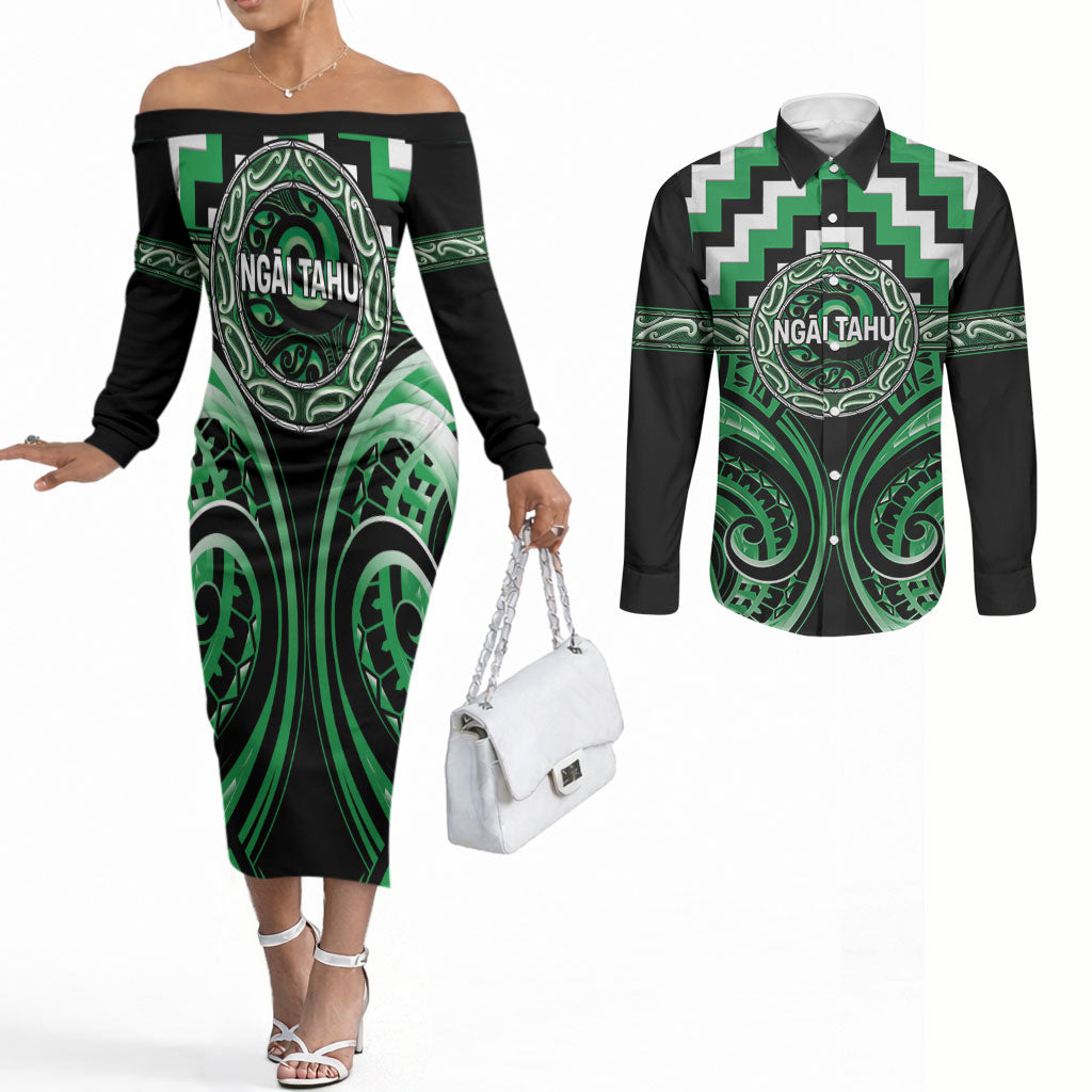 Aotearoa Ngai Tahu Personalised Couples Matching Off The Shoulder Long Sleeve Dress and Long Sleeve Button Shirt Maori Iwi Poutama Puhoro Tattoo
