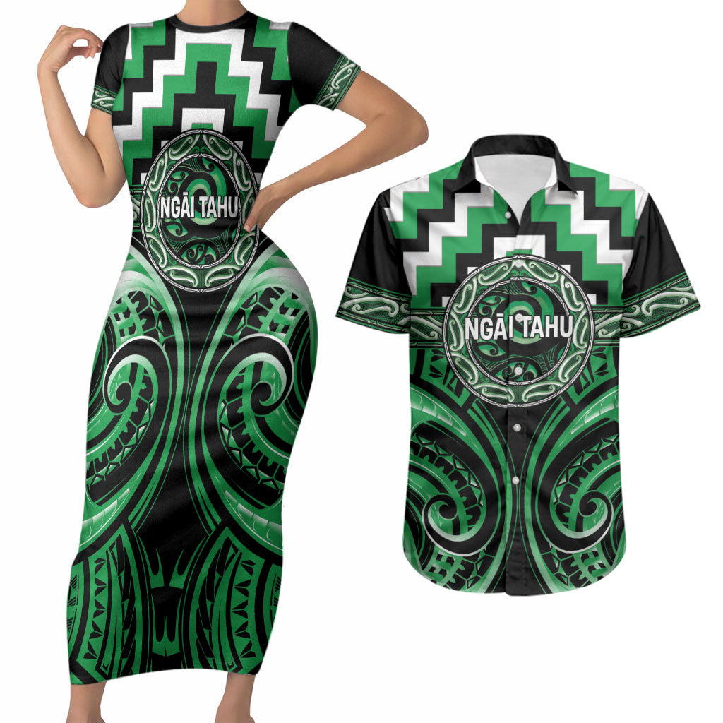 Aotearoa Ngai Tahu Personalised Couples Matching Short Sleeve Bodycon Dress and Hawaiian Shirt Maori Iwi Poutama Puhoro Tattoo
