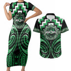 Aotearoa Ngai Tahu Personalised Couples Matching Short Sleeve Bodycon Dress and Hawaiian Shirt Maori Iwi Poutama Puhoro Tattoo