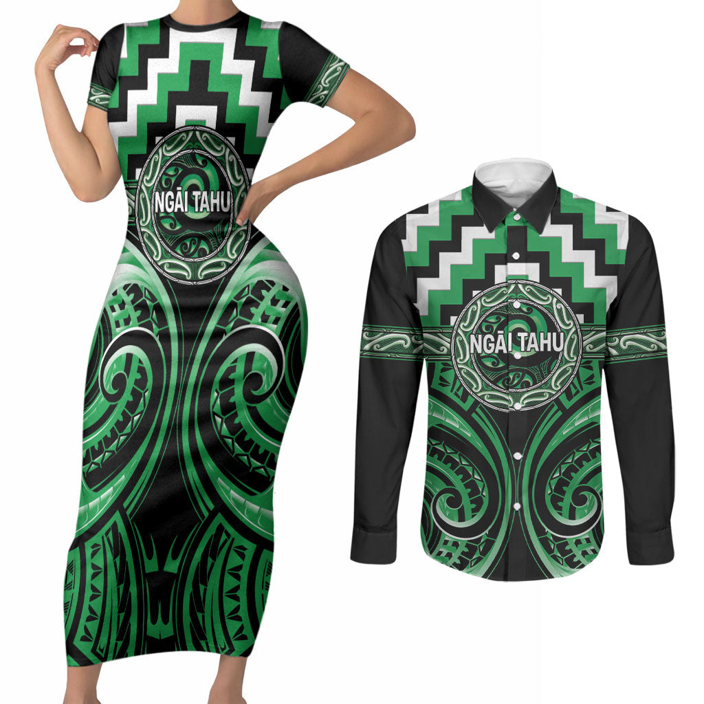 Aotearoa Ngai Tahu Personalised Couples Matching Short Sleeve Bodycon Dress and Long Sleeve Button Shirt Maori Iwi Poutama Puhoro Tattoo