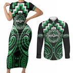 Aotearoa Ngai Tahu Personalised Couples Matching Short Sleeve Bodycon Dress and Long Sleeve Button Shirt Maori Iwi Poutama Puhoro Tattoo