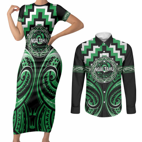 Aotearoa Ngai Tahu Personalised Couples Matching Short Sleeve Bodycon Dress and Long Sleeve Button Shirt Maori Iwi Poutama Puhoro Tattoo